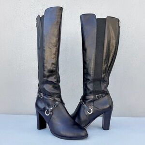 Adrienne Vittadini Chanti Tall Knee High Boot Black Leather Buckle Heel 9.5